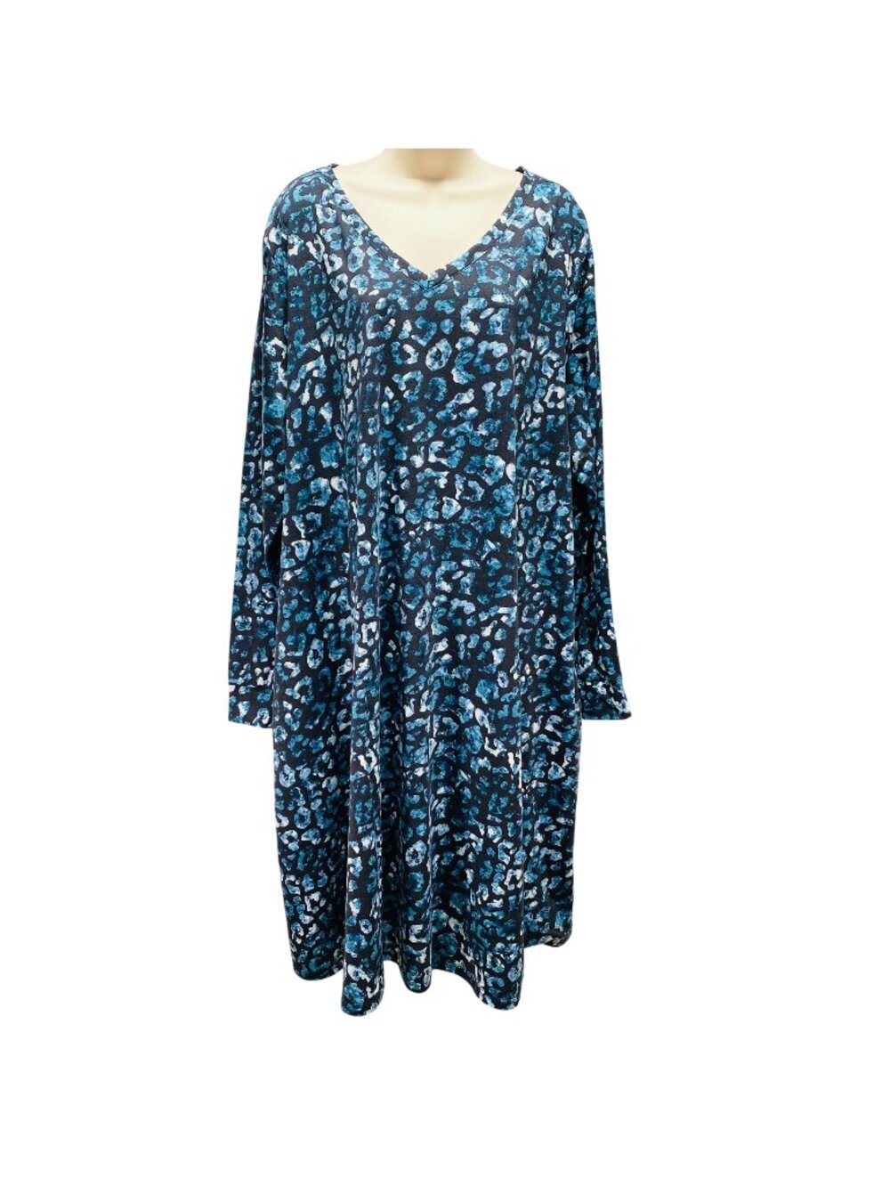 LuLaRoe Emily Womens 3XL Blue & Black Leopard Print Pocket Dress Long Sleeve